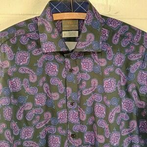 Thomas Dean Paisley Shirt Men L Black Purple Button Up Long Sleeve Collar Cotton